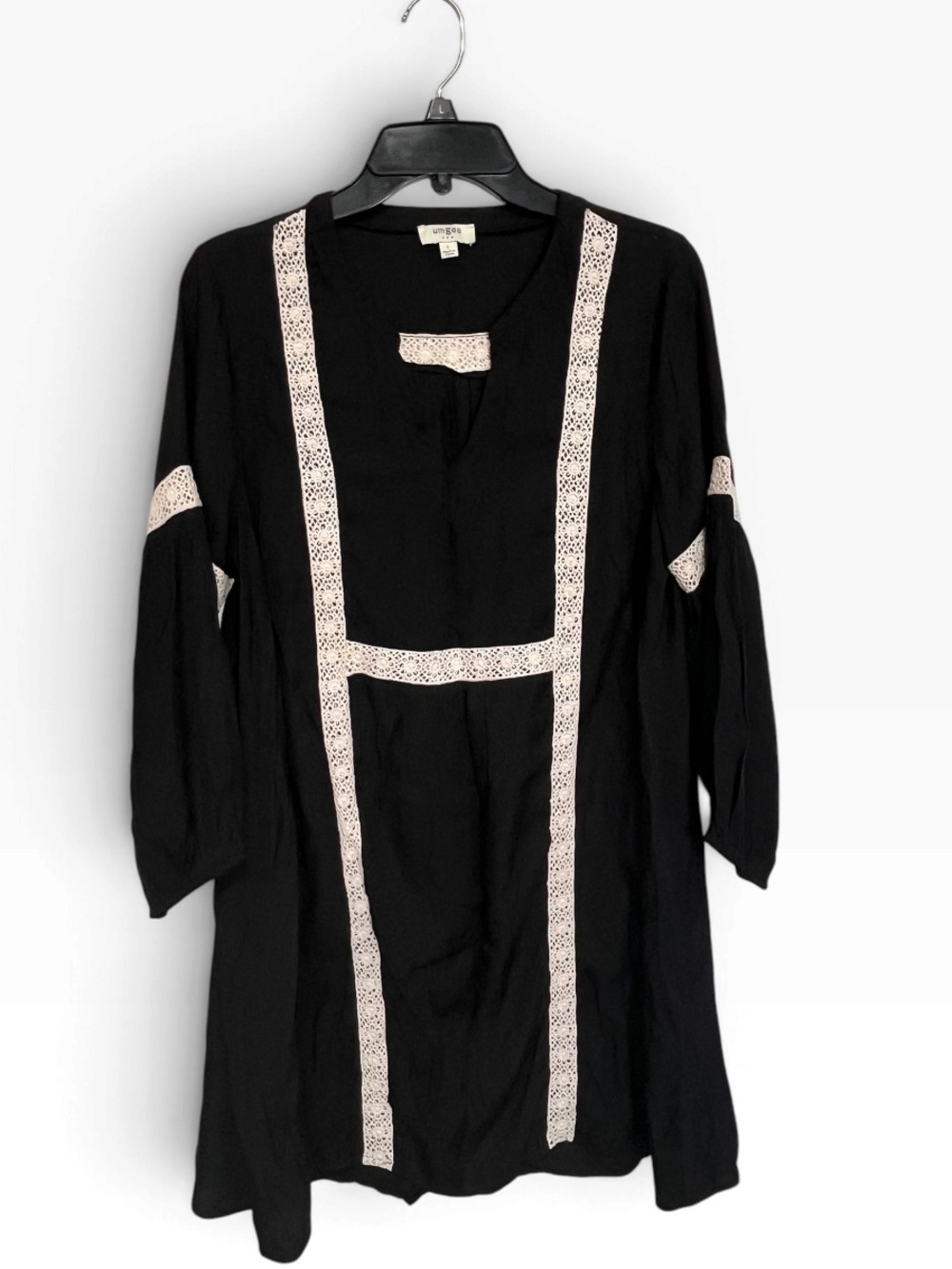 Umgee | Black White Lace Bohemian Long Sleeve Shift Tunic Dress M